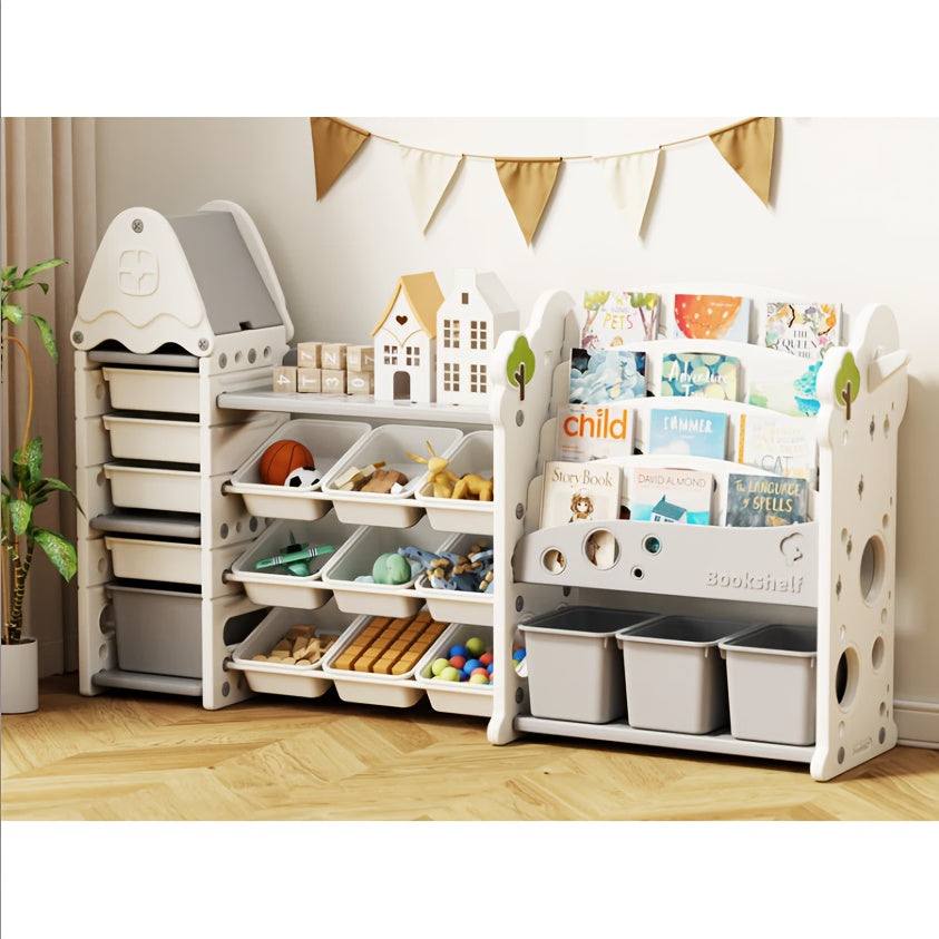 Extra Wide Kids Toy Storage Organizer with Bookcase - Large Heavy-Duty Toy Organizer, 13 Bins & 4 Box Storage, Space-Saving Bookshelf for Children's Bedroom, Playroom, Classroom - Easy-to-Clean Plastic Construction