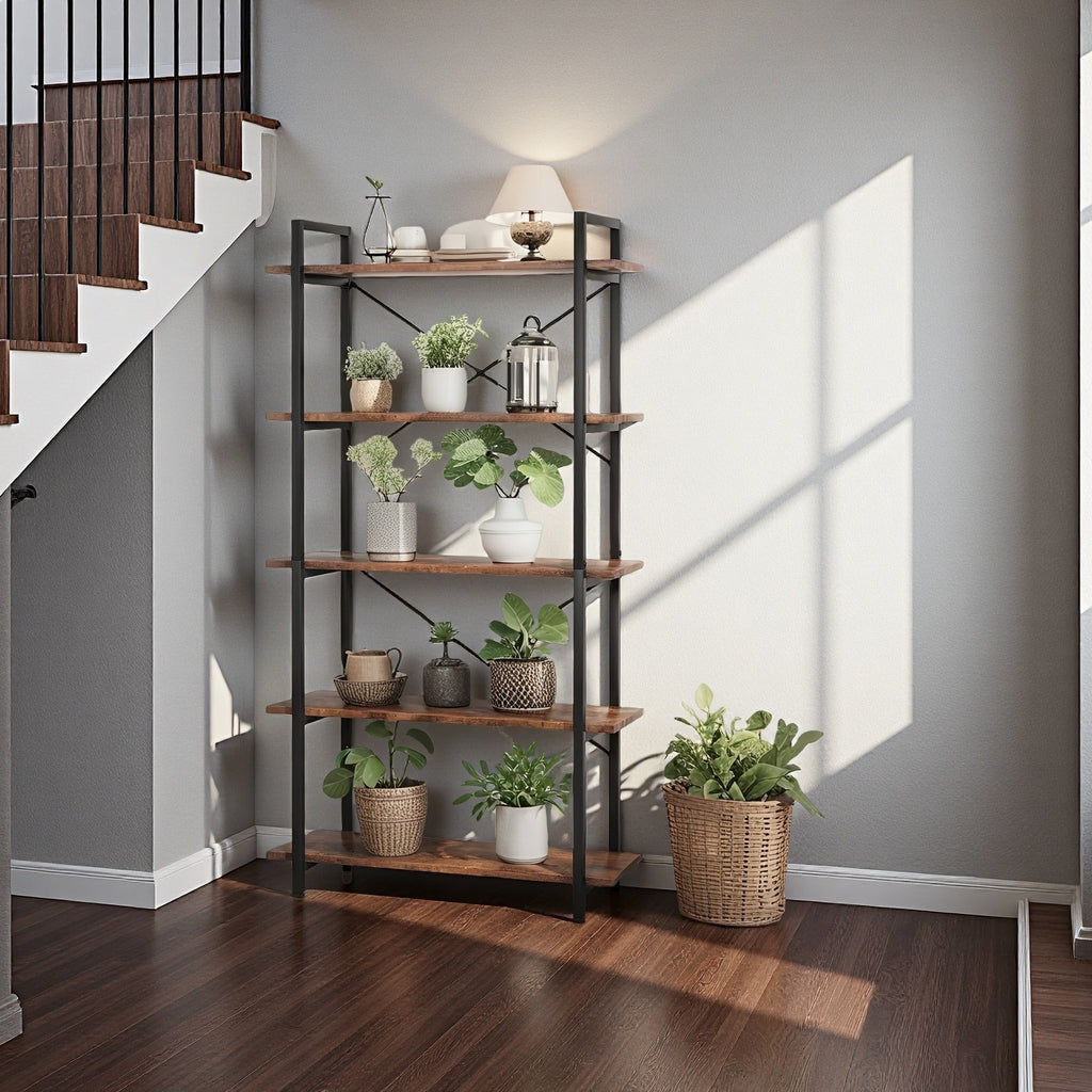 3-Tier\u002F5-Tier Metal Bookshelf - Rustic Brown Modern Classic Design, 27\