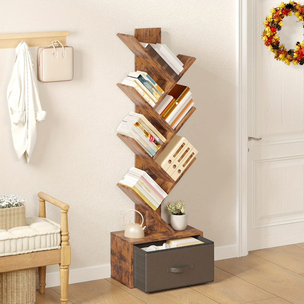TOMNK 6 Shelf Bookshelf With Drawer, Tree Book Shelf, Bookshelves Storage Rack For CDs\u002FMovies\u002FBooks, Rustic Brown Bookcase, Provides Great Stability And Durability, For Living Room, Bedroom, Home Decor, Easy To Install, Saves Space