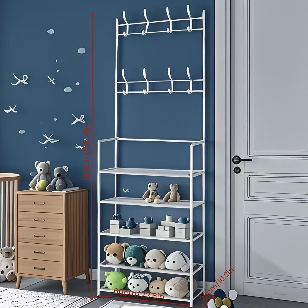 This 5-layer Multi-functional Storage Rack And Bookshelf Comes With 8 Hooks, With A Total Height Of 65 Inches. It Is Suitable For Toy Storage In Bedrooms And Living Rooms, Saving Space, Stabilizing The Structure, And Can Be Assembled By Yourself.