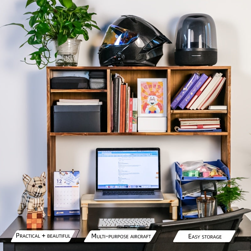 Sturdy New Zealand Pine Desktop Bookshelf - Rustic Natural Wood Finish, Multi-Compartment Organizer for Office, Dorm & Home Use, Easy Assembly