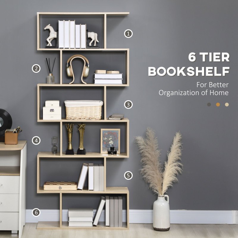 HOMCOM 75.5H S-Shaped 6-Shelf Bookcase - Space-Saving Vertical Design, Sturdy Plastic Construction, 27\
