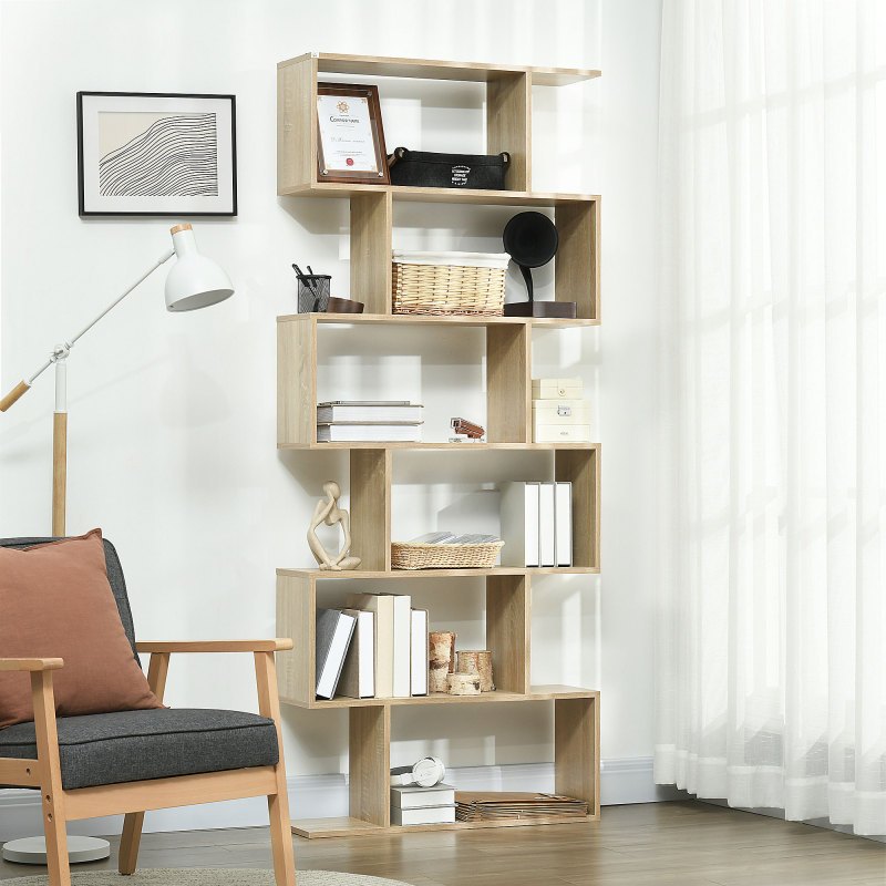 HOMCOM 75.5H S-Shaped 6-Shelf Bookcase - Space-Saving Vertical Design, Sturdy Plastic Construction, 27\
