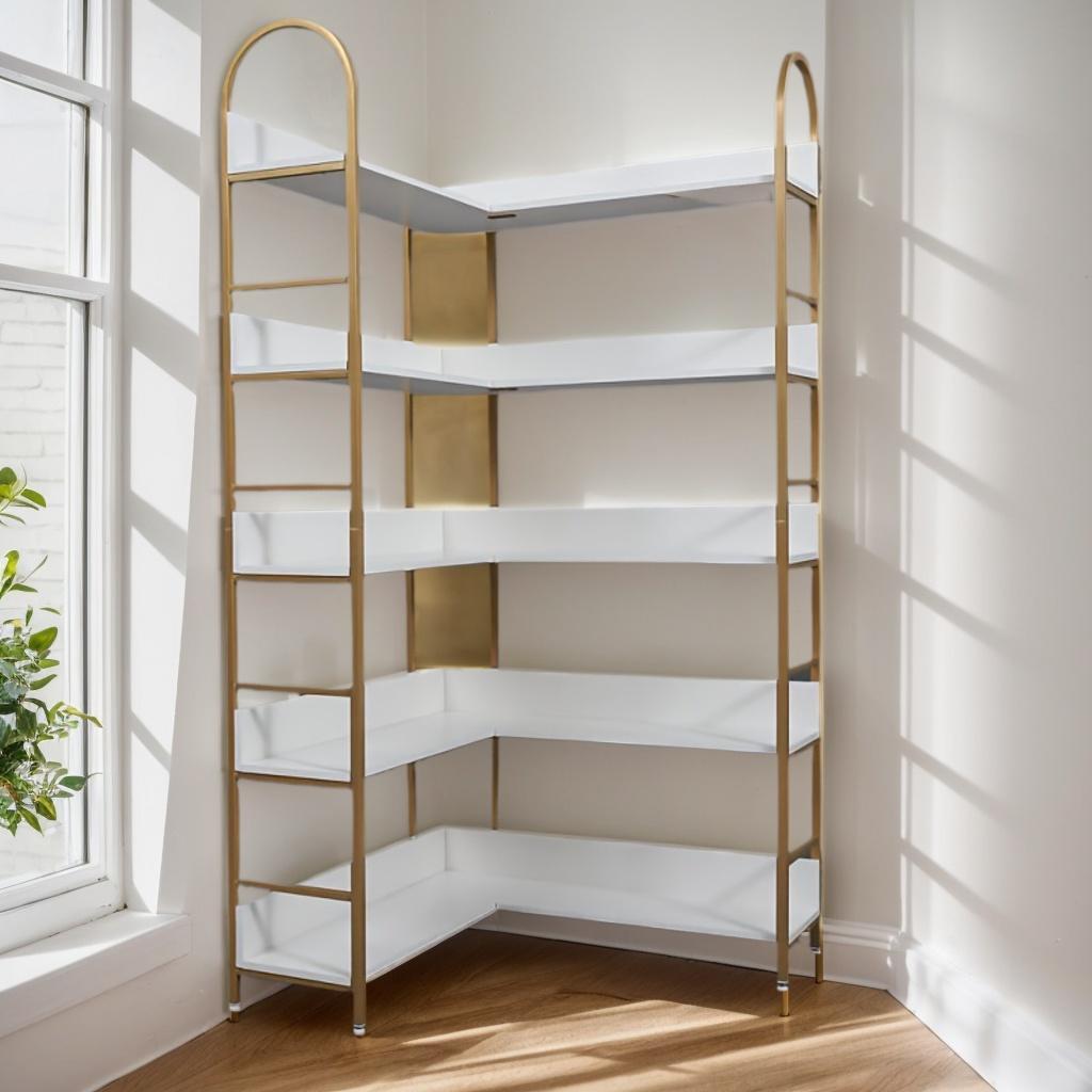1pc Contemporary 5-Tier Lockable Metal Corner Bookshelf, Floor Mount Storage Rack with Back, No Electricity Needed, White and Golden, Storage Cabinets