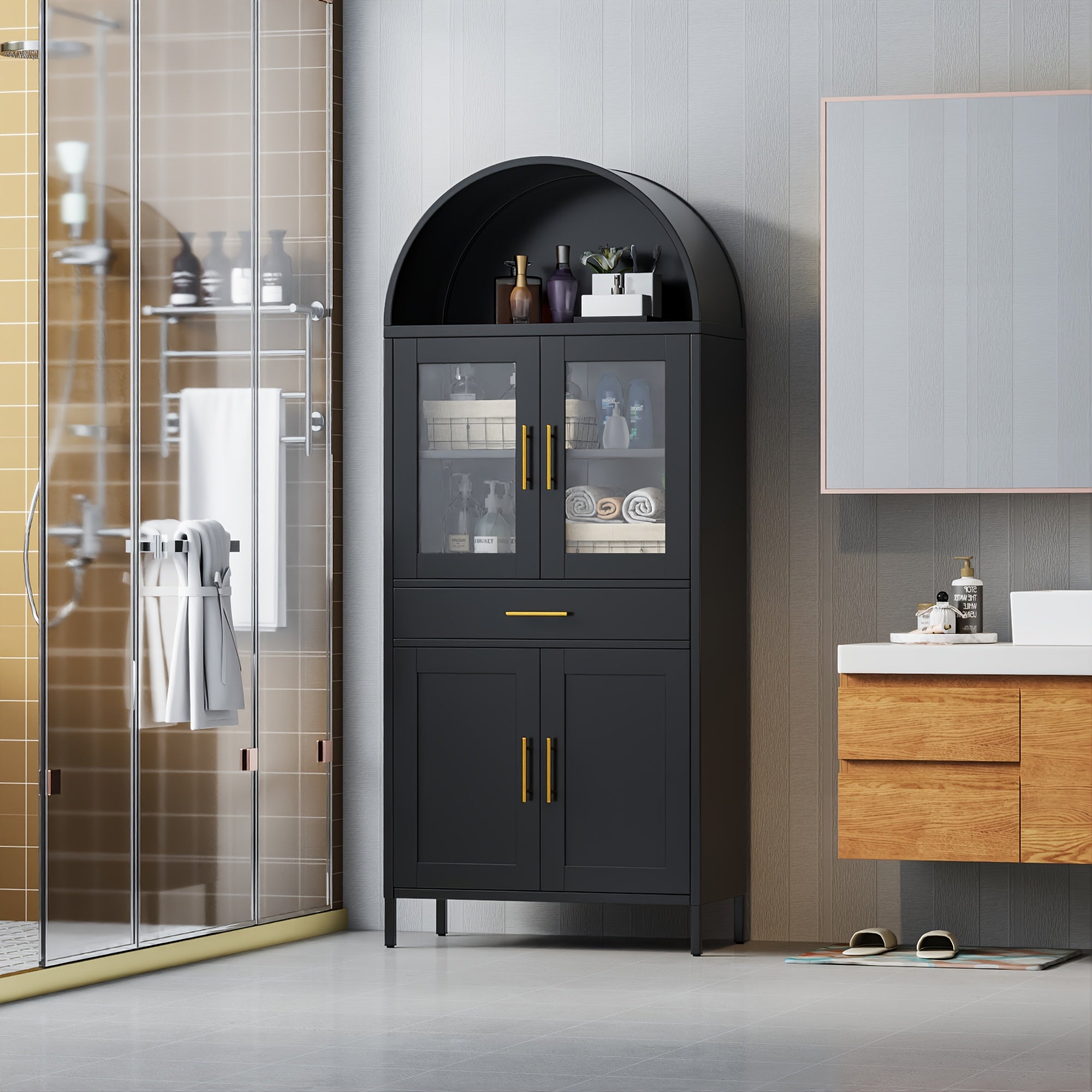 Arched Metal Storage Cabinet, Arched Display Case, Bookcase, Glass Door, Drawer, Suitable for Bathroom, Home, Office, Assembly Required (Black, White)