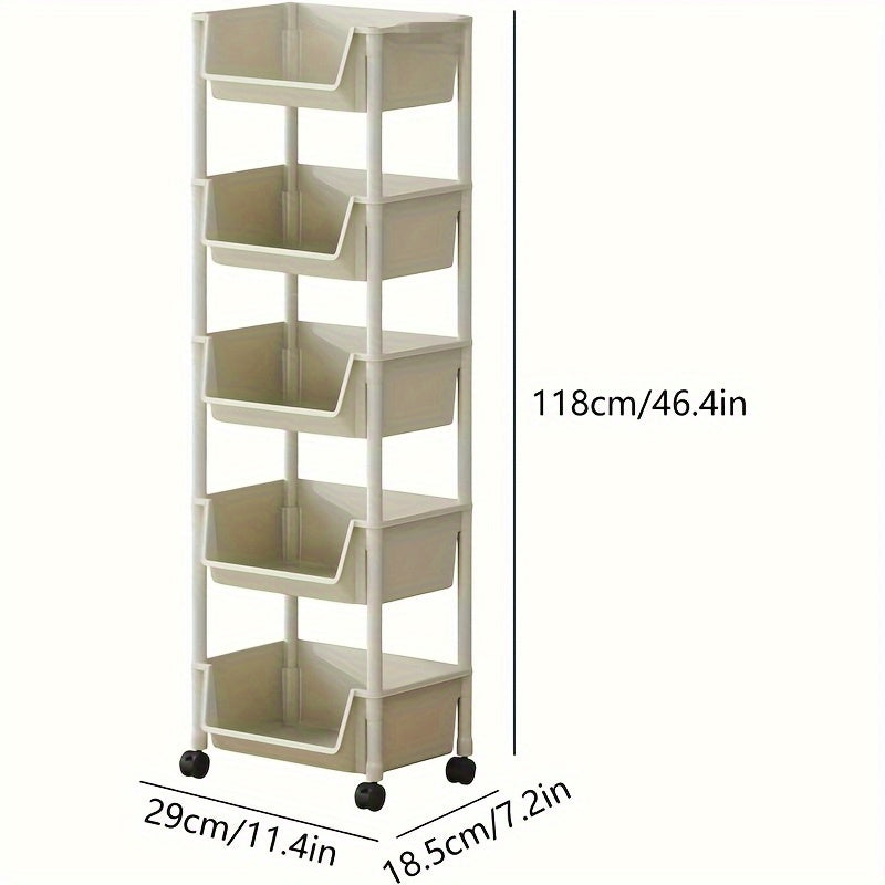 5-Tier Rolling Bookshelf with Wheels - Easy Assembly Plastic Storage Rack for Books, Tools & Household Items - Perfect for Bedroom, Bathroom, Kitchen & Living Room, Utility Shelves