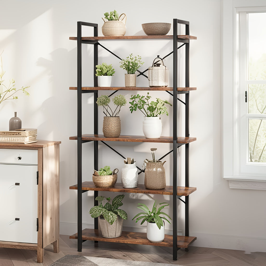 Five Layer Industrial Style Bookshelf - Retro Brown And Black Metal Frame, Stable Design, High-quality Scratch Resistant, Easy To Clean, Suitable For Offices, And Study Rooms - Easy To Assemble