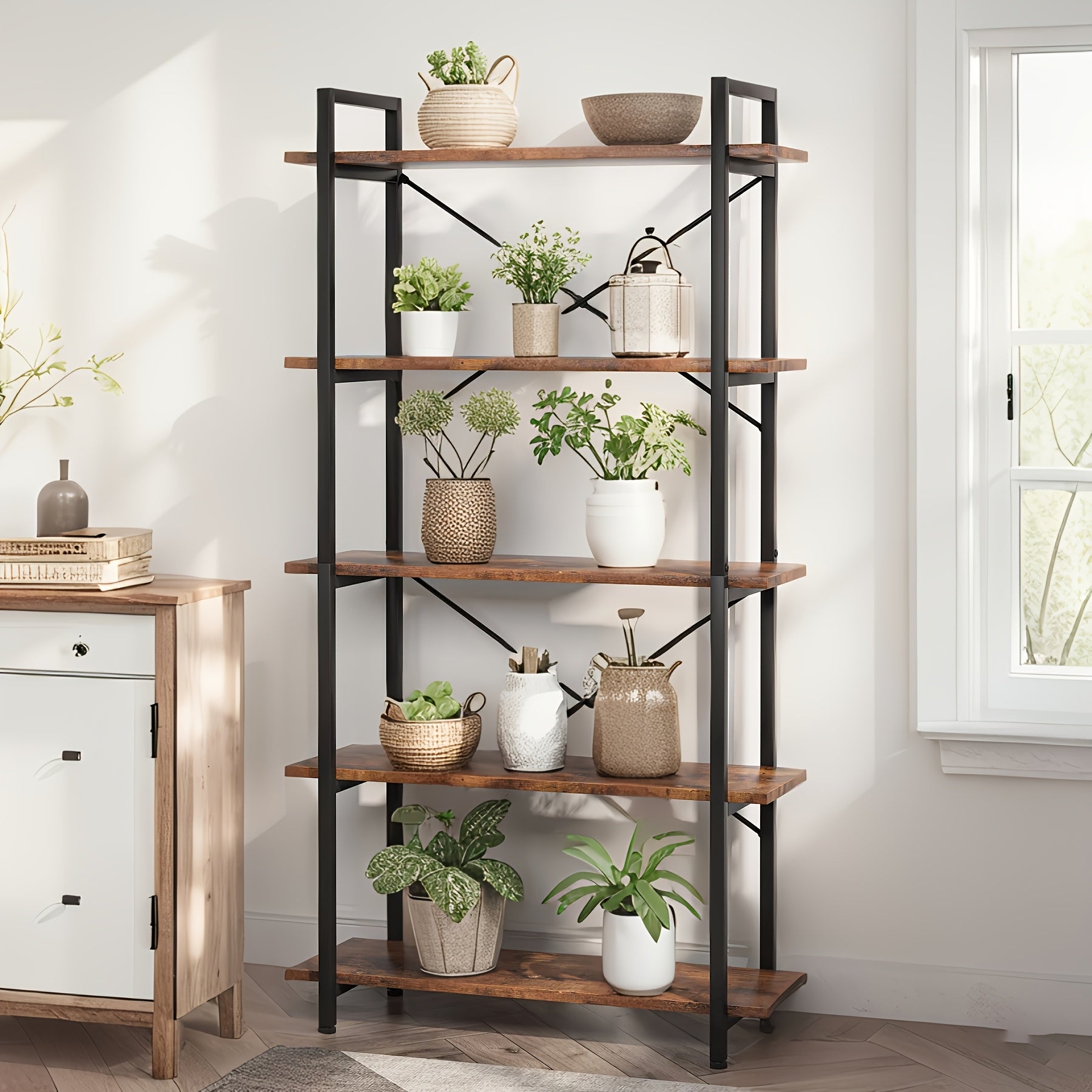 Five Layer Industrial Style Bookshelf - Retro Brown And Black Metal Frame, Stable Design, High-quality Scratch Resistant, Easy To Clean, Suitable For Offices, And Study Rooms - Easy To Assemble