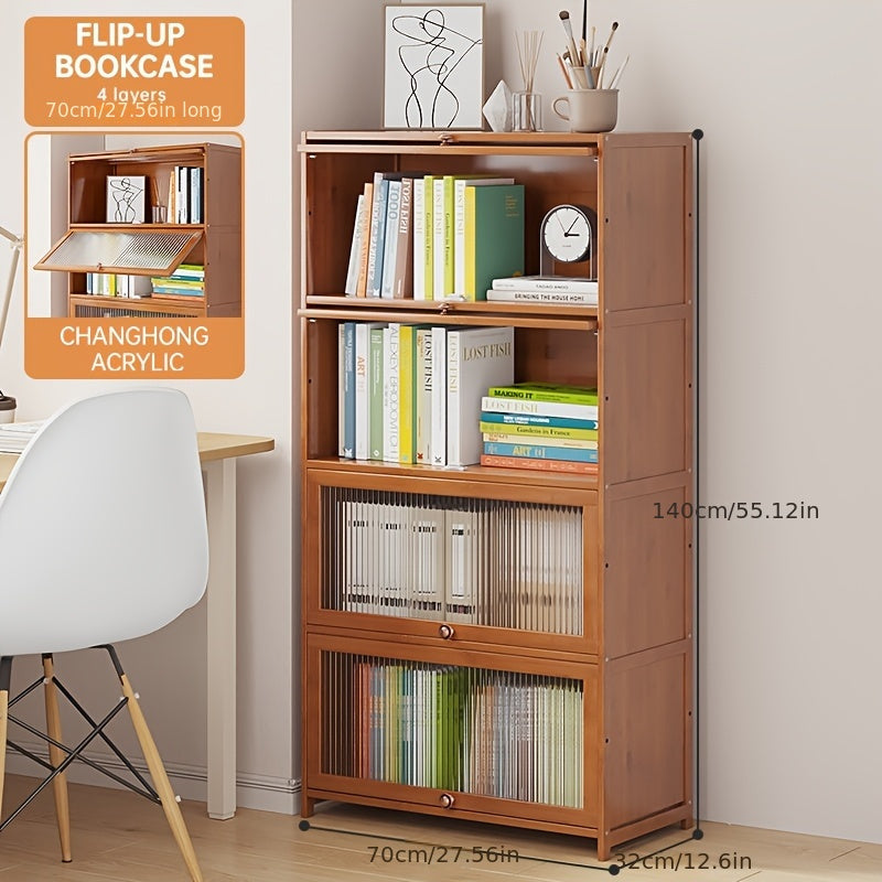 Chic 4-Tier Wooden Bookcase with Clear Acrylic Doors - Versatile Storage Organizer for Home & Office, Easy Assembly