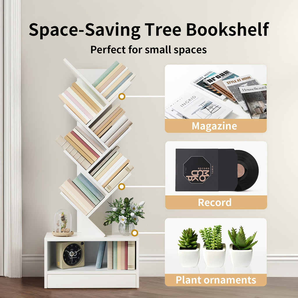 8-Tier Tall Wood Bookshelf with Drawer - Freestanding Vertical Space-Saving Design, Tip-Resistant Sturdy Wood Construction, 27\