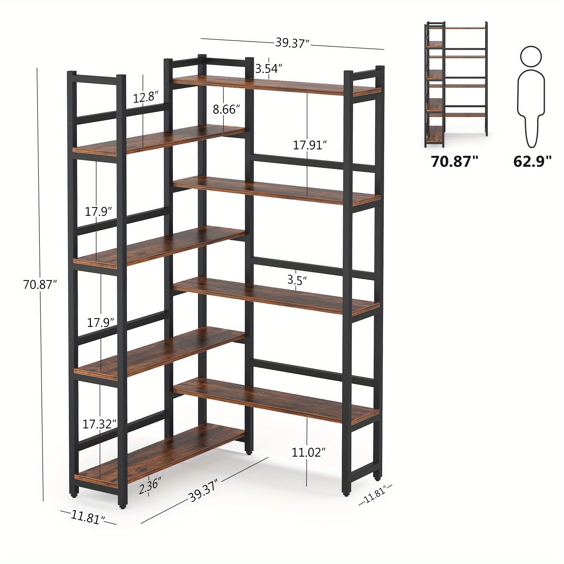 Space-Saving 70.8'' Tall Industrial Corner Bookshelf in Deep Brown - Blends Steel Frame & Wooden Accents, 8 Tiers of Storage, Sturdy & Easy to Assemble, Ideal for Living Room & Home Office Decor, Bookshelf Decorations