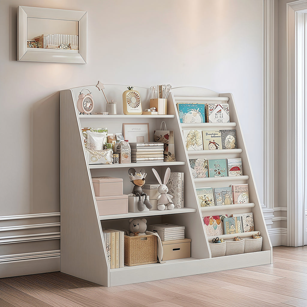 White Storage Bookshelf, Storage Cabinet, Scattered Books, Toy Shelf, Multifunctional Storage Organizer, Six Story Display Cabinet with Bookshelf, Bedroom, Living Room, Game Room, Small Room Office, Home, School Shelf, Newspaper Rack.